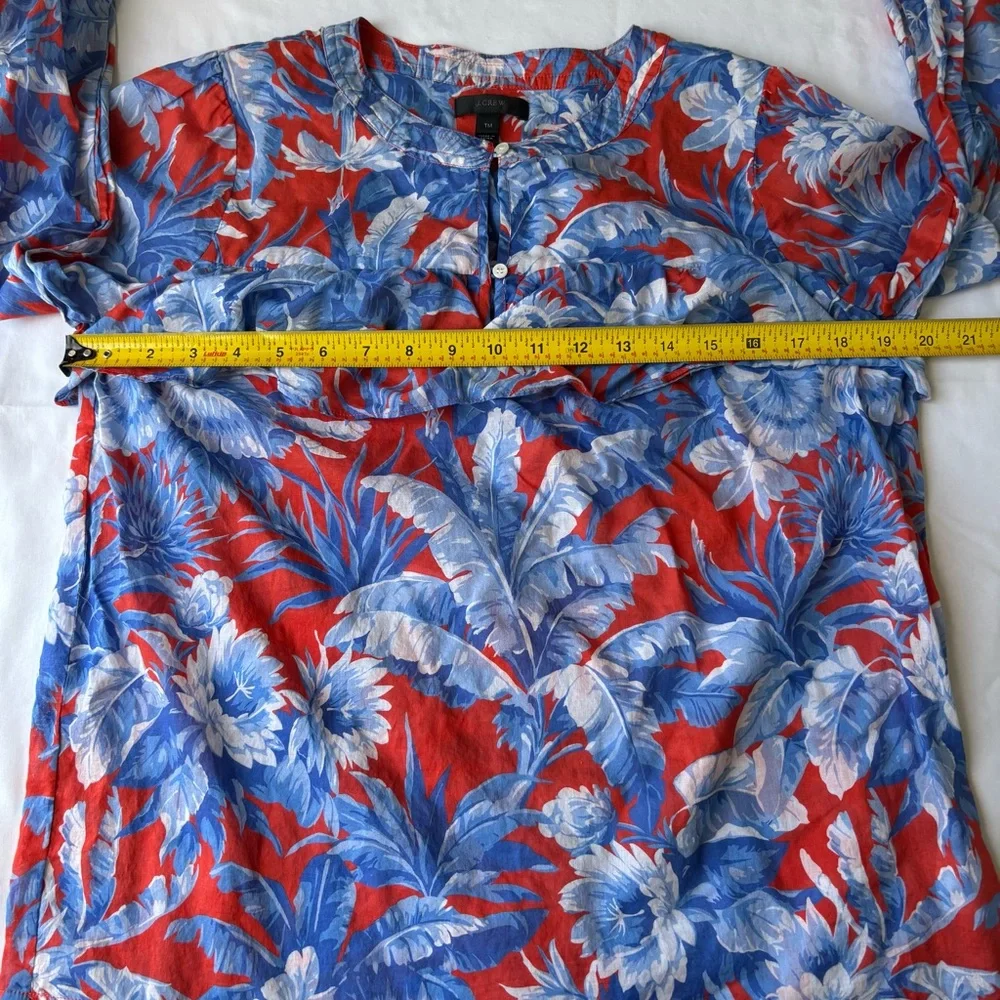 J. Crew Red and Blue Flowers Pullover Ruffle Boho Blouse Long Sleeves